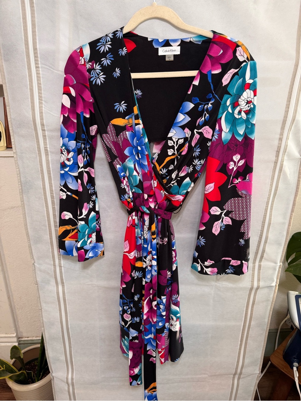 Calvin Klein Black Long-Sleeve Floral Wrap Dress with Teal & Magenta Accents-4